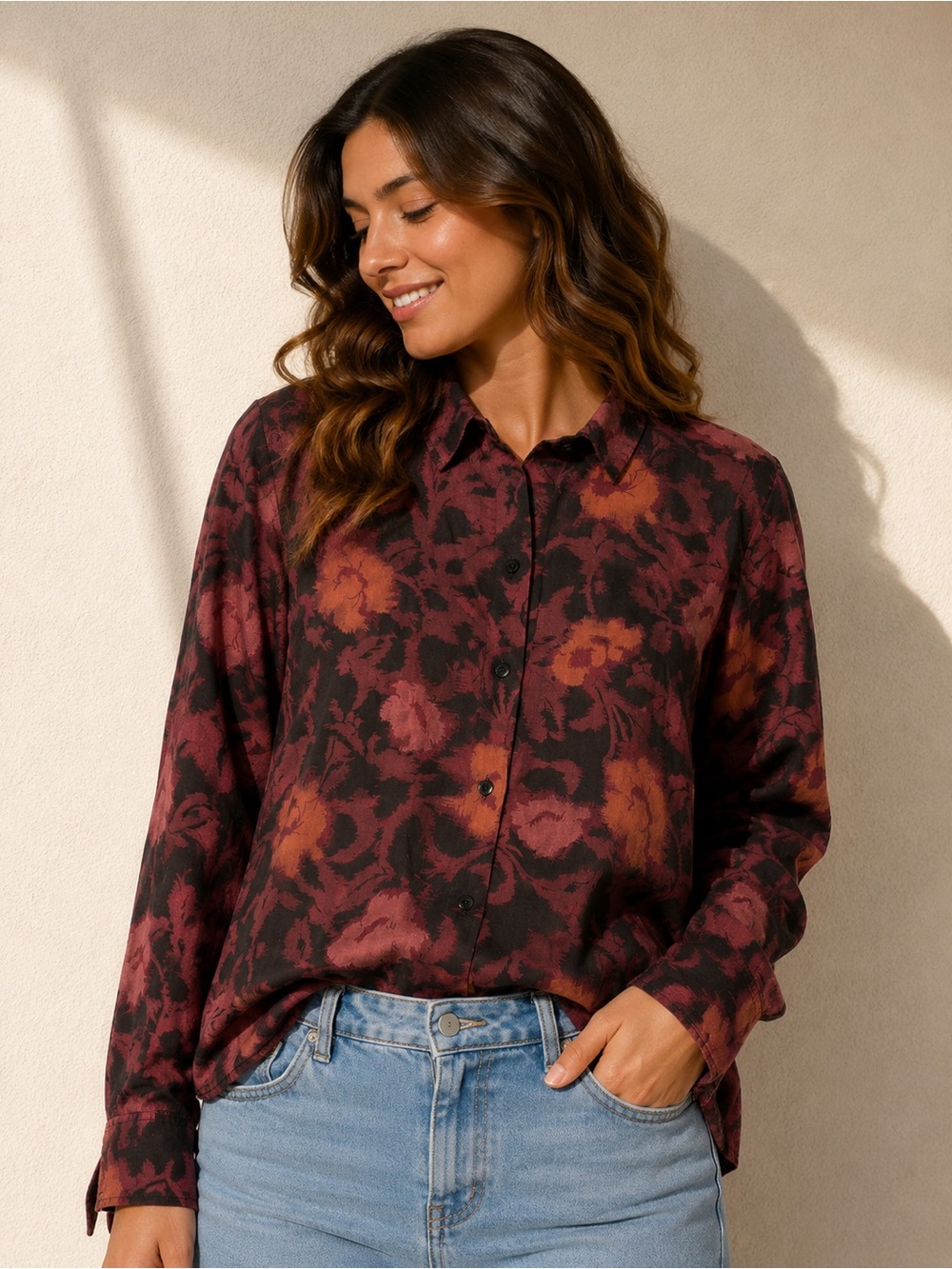 Sigrid Olsen Silk/Wool Floral Button-Down Shirt in Burgundy and Black
